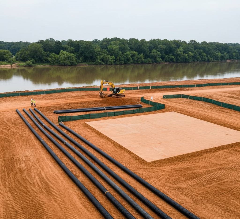 Dewatering operation with geotextile tubes.