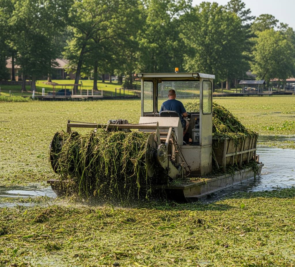 Aquatic weeds being removed from a pond.