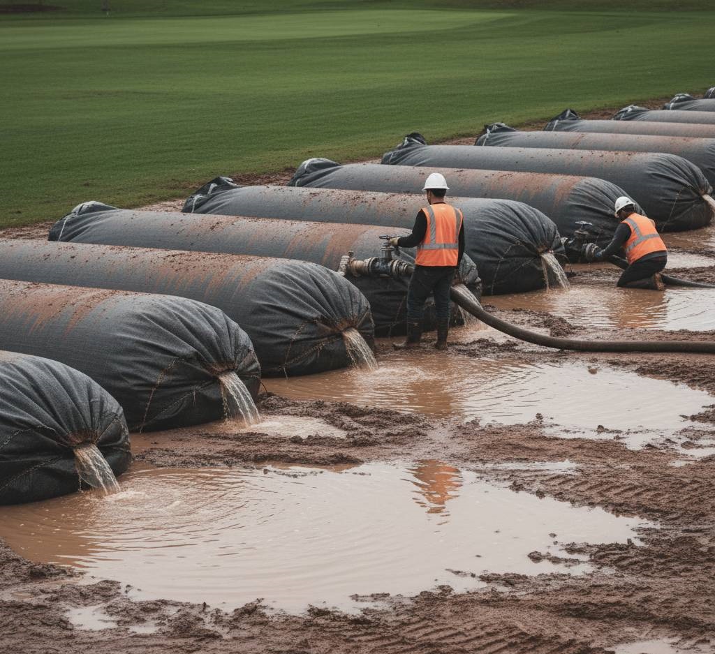 Sediment drying on a pad near a golf course.
