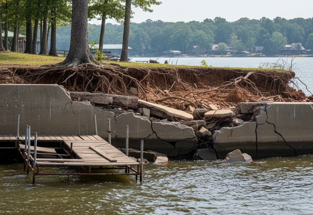 Erosion around shoreline and seawall